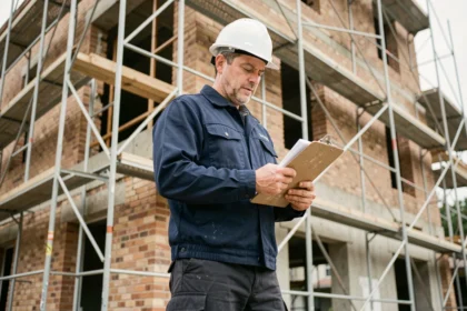 Professionnel du bâtiment en portage salarial consultant des documents sur un chantier de rénovation