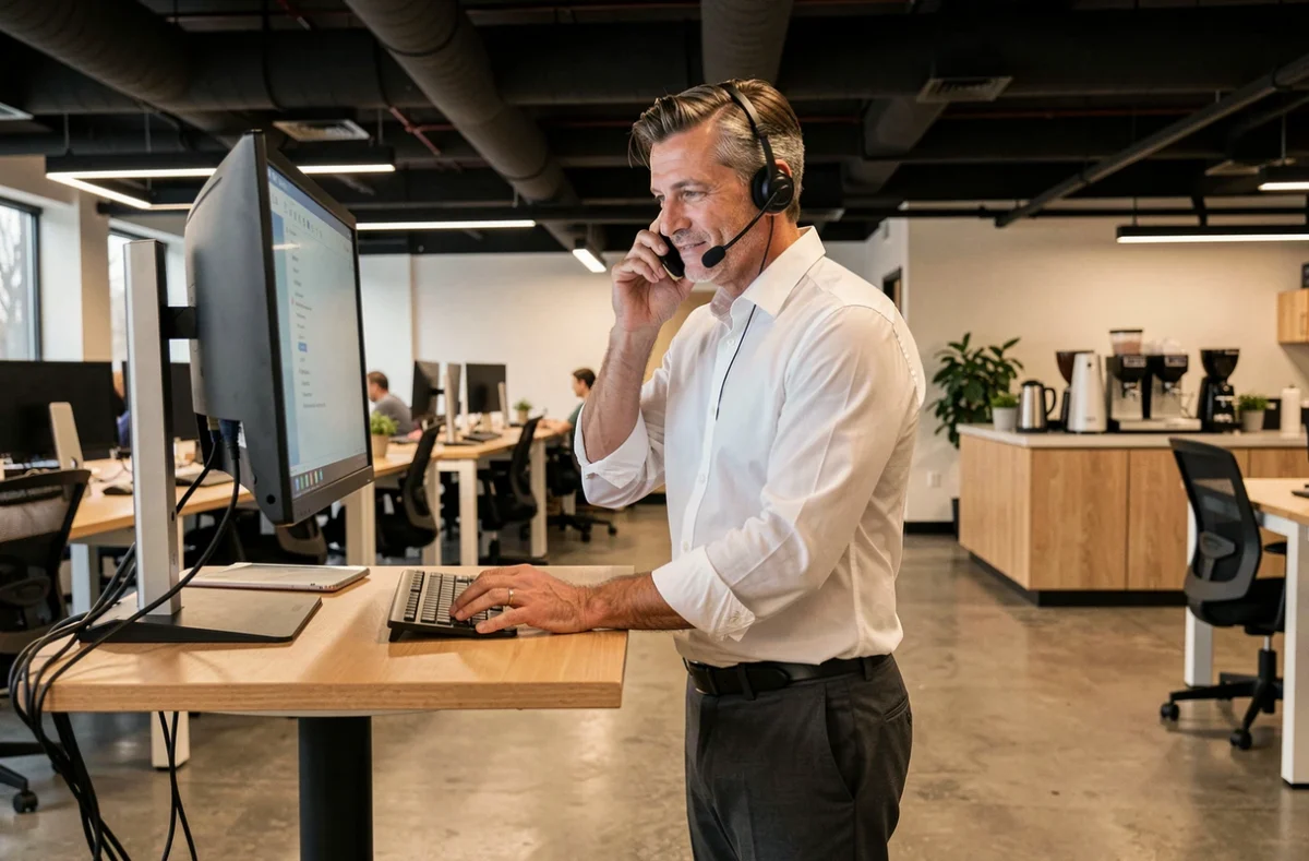 Professionnel en télétravail debout dans un grand open space de coworking à Boulogne-Billancourt