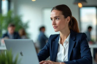 Professionnelle B2B analysant un tableau de bord d'automatisation de prospection sur ordinateur portable dans un bureau moderne