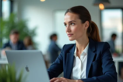 Professionnelle B2B analysant un tableau de bord d'automatisation de prospection sur ordinateur portable dans un bureau moderne