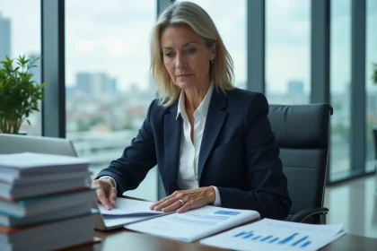 Professionnelle en blazer marine analysant des documents de conformité bancaire dans un bureau d'entreprise moderne