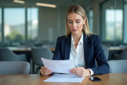 Professionnelle RH en réunion consultant des documents dans une salle de conférence moderne