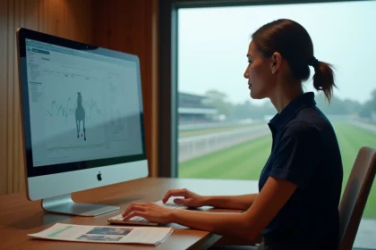 Professionnelle du trot consultant des données de performance hippique sur un écran d'ordinateur dans un bureau de haras moderne