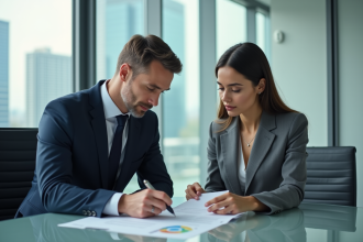 Deux professionnels en réunion dans un bureau moderne