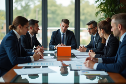 Groupe de professionnels en finance avec boîte Hermès