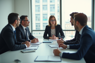 Cinq professionnels en réunion avec styles de leadership variés