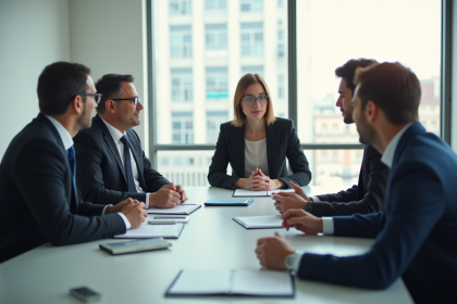 Cinq professionnels en réunion avec styles de leadership variés