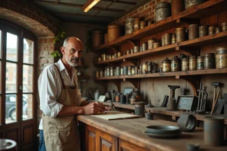 Intérieur d'une quincaillerie ancienne des années 1920 évoquant les origines de Leroy Merlin en France