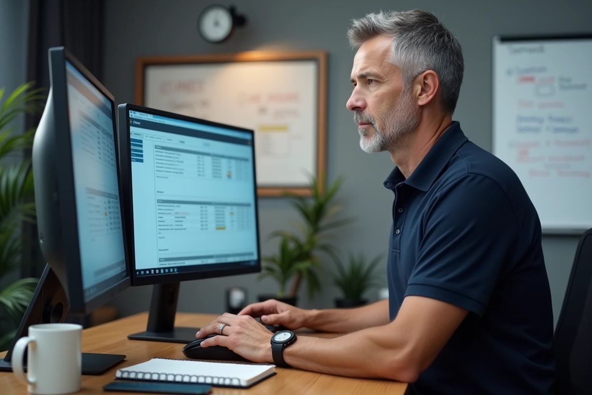 Homme consultant un logiciel de gestion du temps sur un double écran dans un bureau professionnel