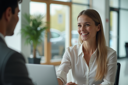 Réceptionniste souriante accueillant un client dans un bureau lumineux
