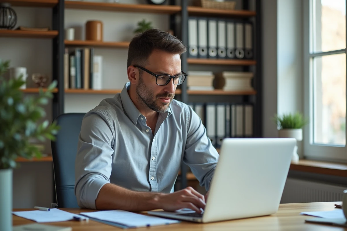 Homme rédigeant une lettre de rupture conventionnelle CDI sur son ordinateur portable dans un bureau à domicile bien organisé