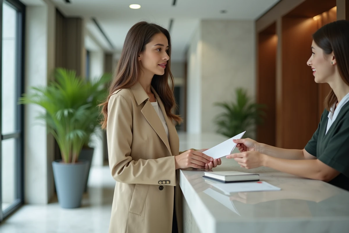 Femme remettant une enveloppe contenant une lettre de rupture conventionnelle CDI à l'accueil d'une entreprise