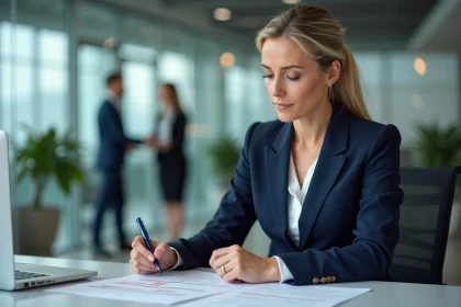Responsable compliance en blazer marine annotant des documents de lutte contre le blanchiment d'argent dans un bureau d'entreprise moderne