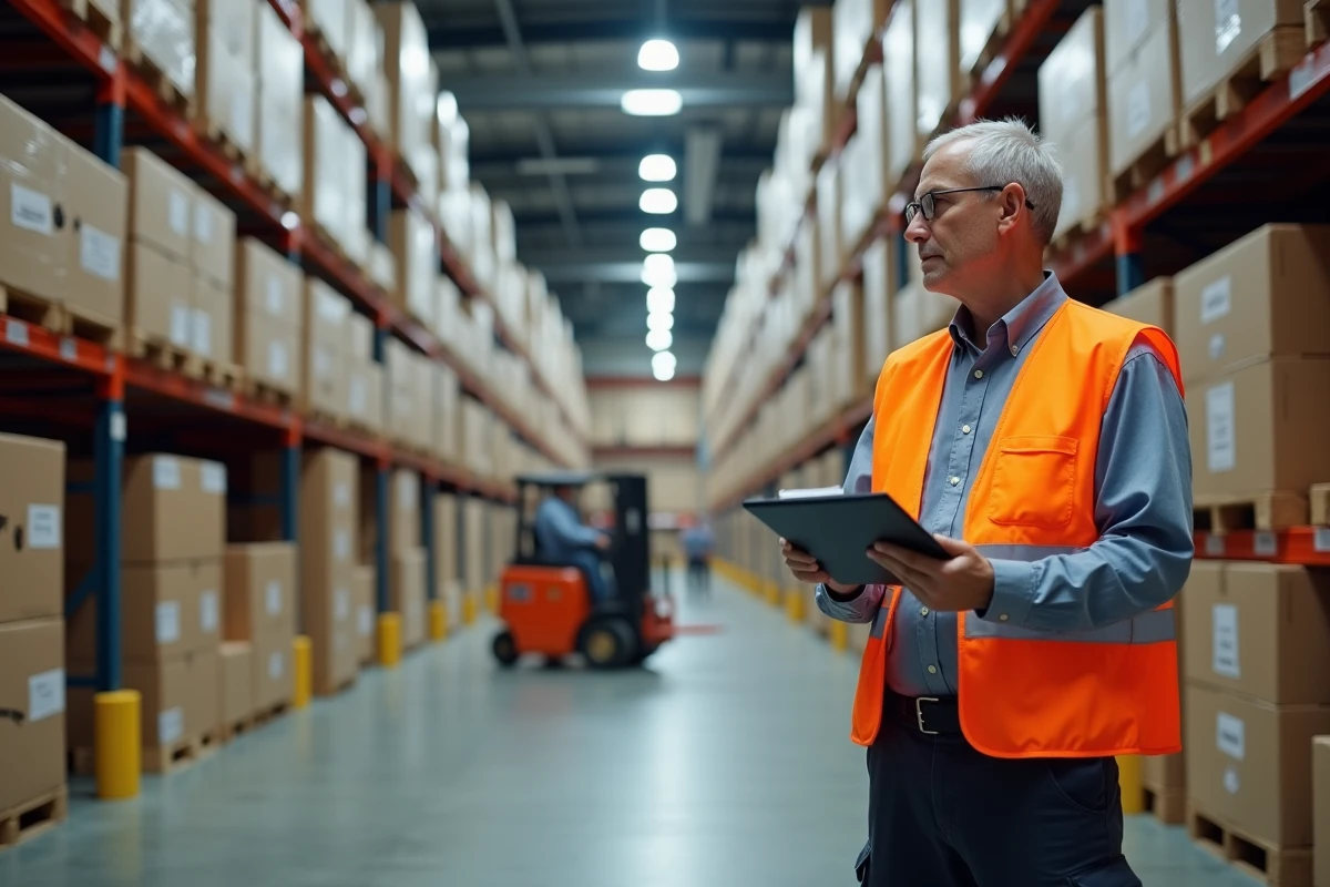 Responsable logistique en entrepôt vérifiant des stocks de matières premières destinées à la production de jouets Playmobil