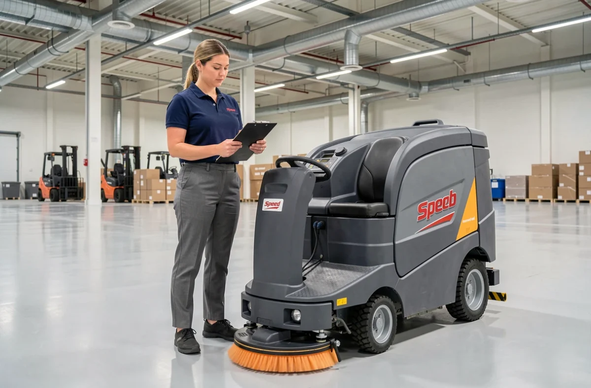Responsable de maintenance féminine inspectant une autolaveuse autoportée dans un centre de distribution logistique moderne