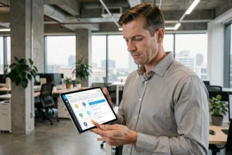 Responsable multi-sites consultant un tableau de bord de maintenance centralisé sur tablette dans un bureau moderne