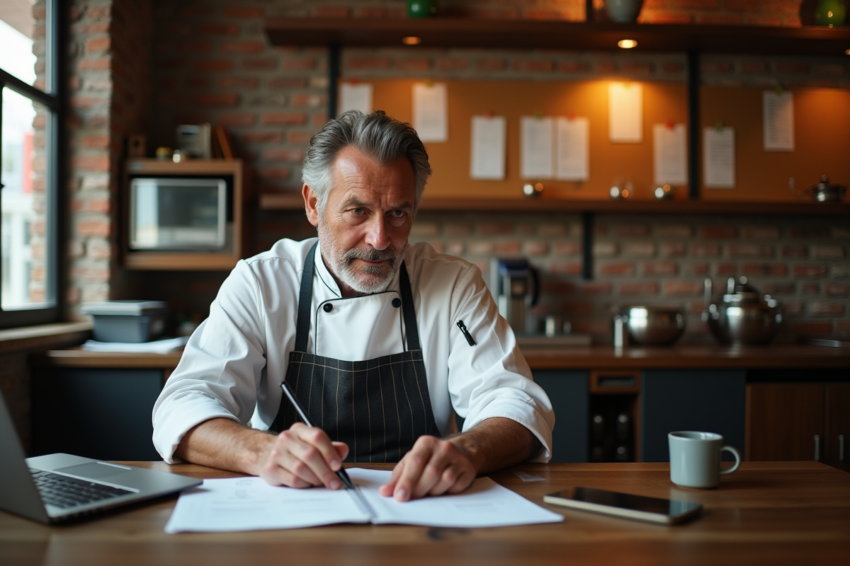 Restaurateur en bureau de restaurant avec ordinateur et livres