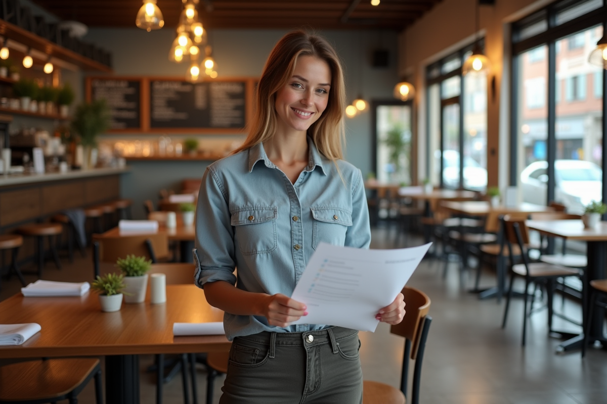 Jeune restauratrice vérifiant un rapport dans la salle à manger