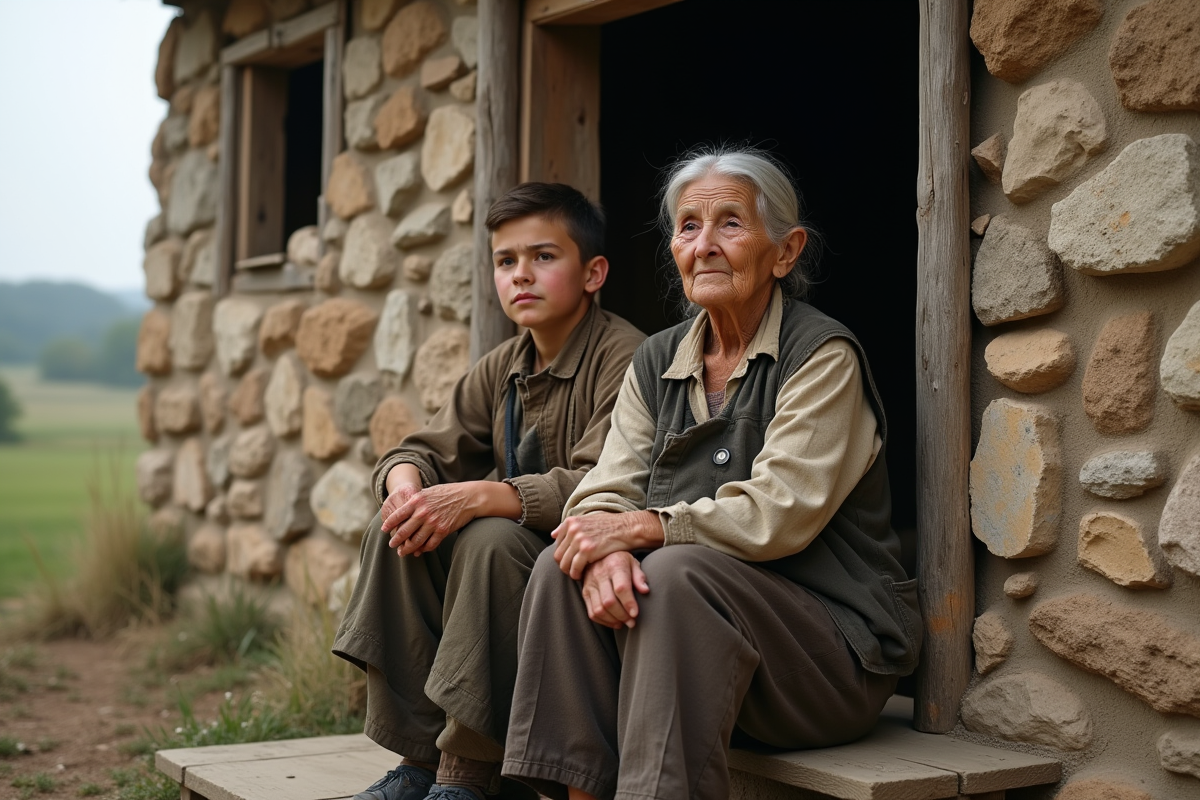 Vieux couple dans la campagne avec maison en pierre
