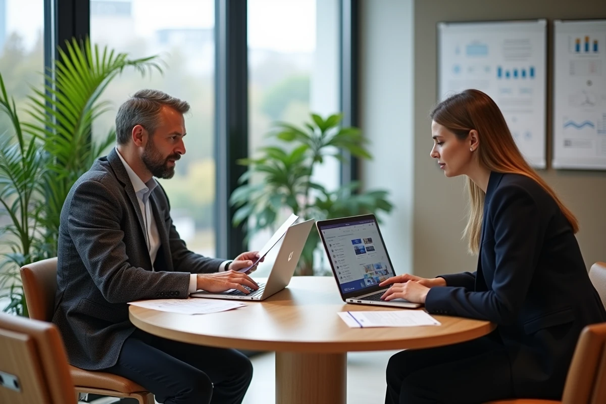 Deux professionnels en réunion comparant les solutions KREAPIXEL NETWORK et KREAPIXEL SOFTWARE dans un espace de coworking moderne