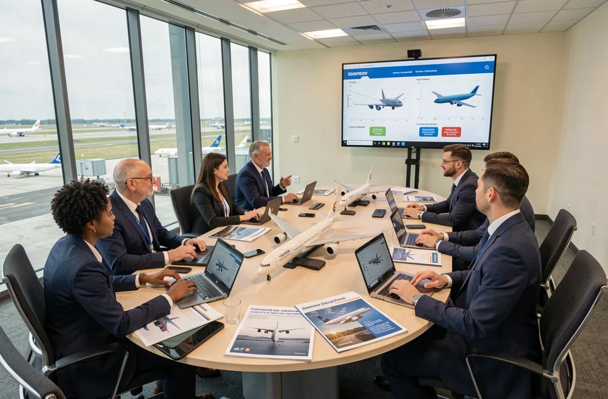Dirigeants de l'industrie aéronautique en réunion stratégique autour de maquettes d'avions Boeing et Airbus