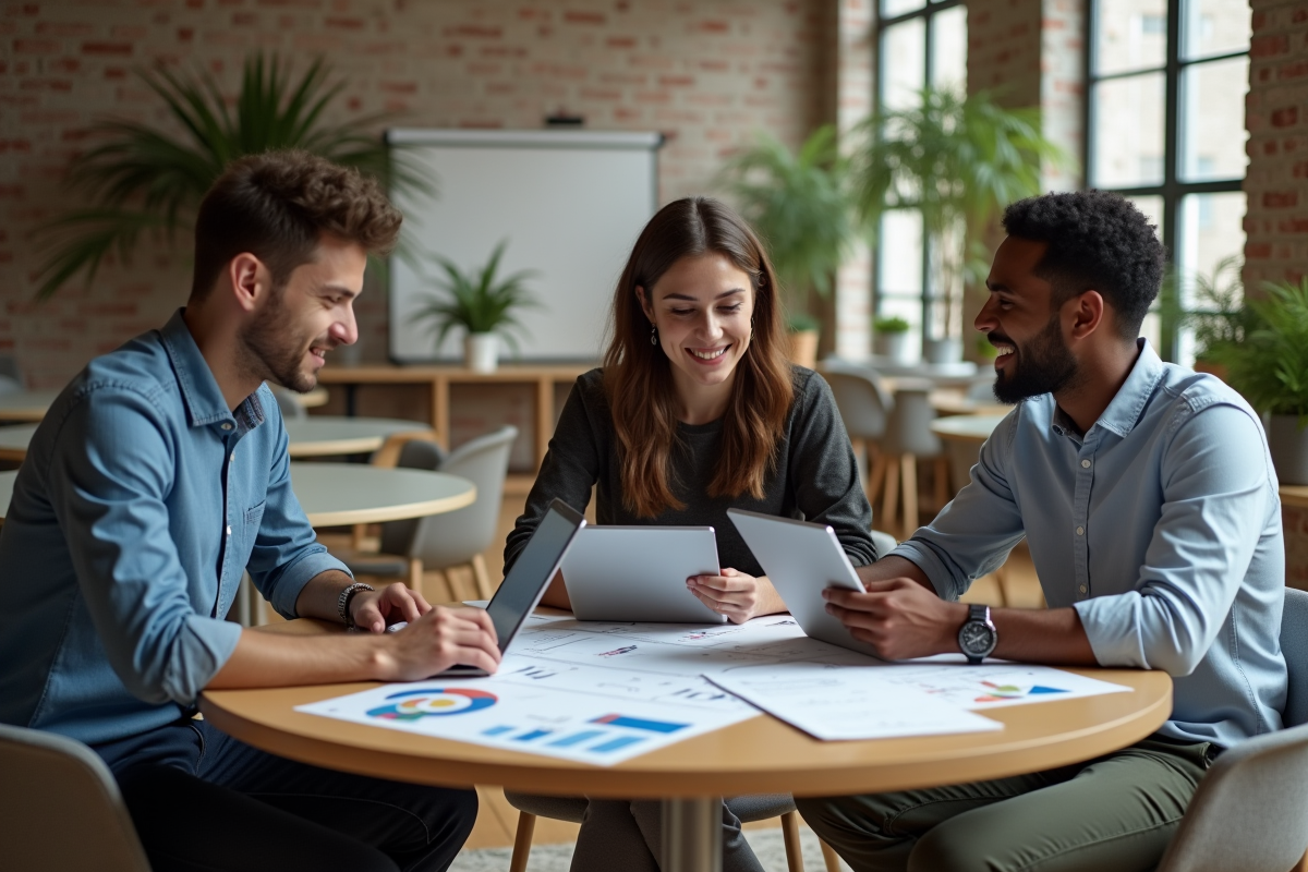Groupe de professionnels analysant des données marketing en réunion