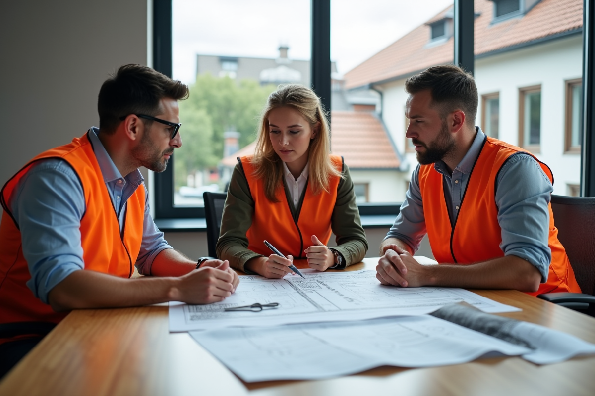 Equipe d entrepreneurs discutant de plans et matériaux