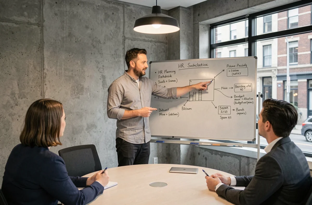 Réunion d'équipe dans une PME autour de la planification RH et des ressources humaines