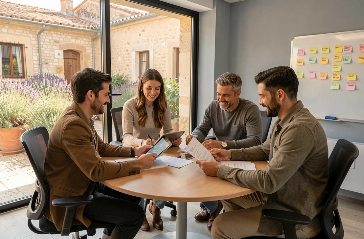 Groupe de professionnels en réunion collaborative dans une salle vitrée d'un coworking à Salon-de-Provence