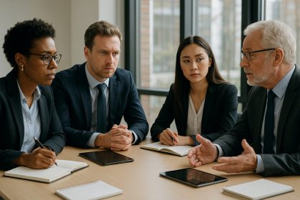 Groupe de professionnels en réunion de travail en entreprise
