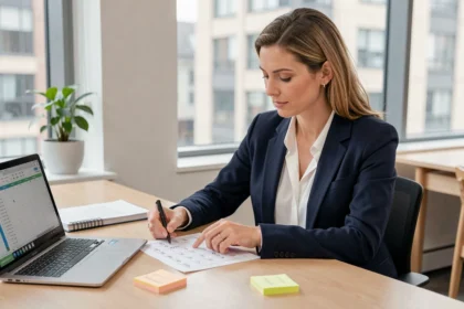 Salariée en blazer navy consultant un calendrier annuel 2026 posé sur son bureau de travail