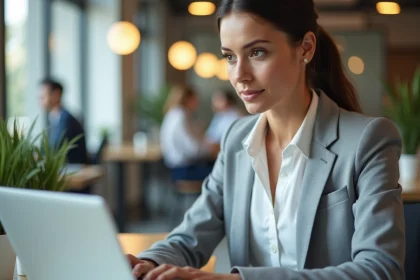 Salariée utilisant son espace personnel Mon ADP sur un ordinateur portable dans un bureau moderne