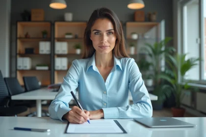 Salariée rédigeant une demande de rupture conventionnelle à son bureau dans un environnement de bureau professionnel