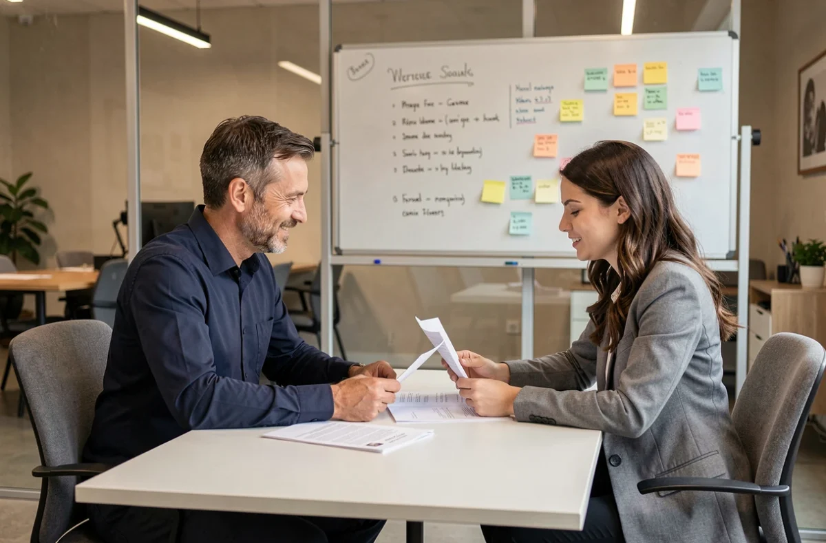 Salle de réunion privée dans un espace de coworking à Montélimar avec deux professionnels collaborant autour de documents