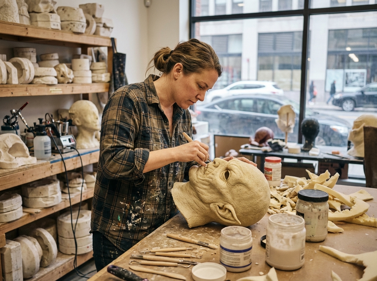 Femme sculpte un masque en latex dans un atelier cr&eacute;atif