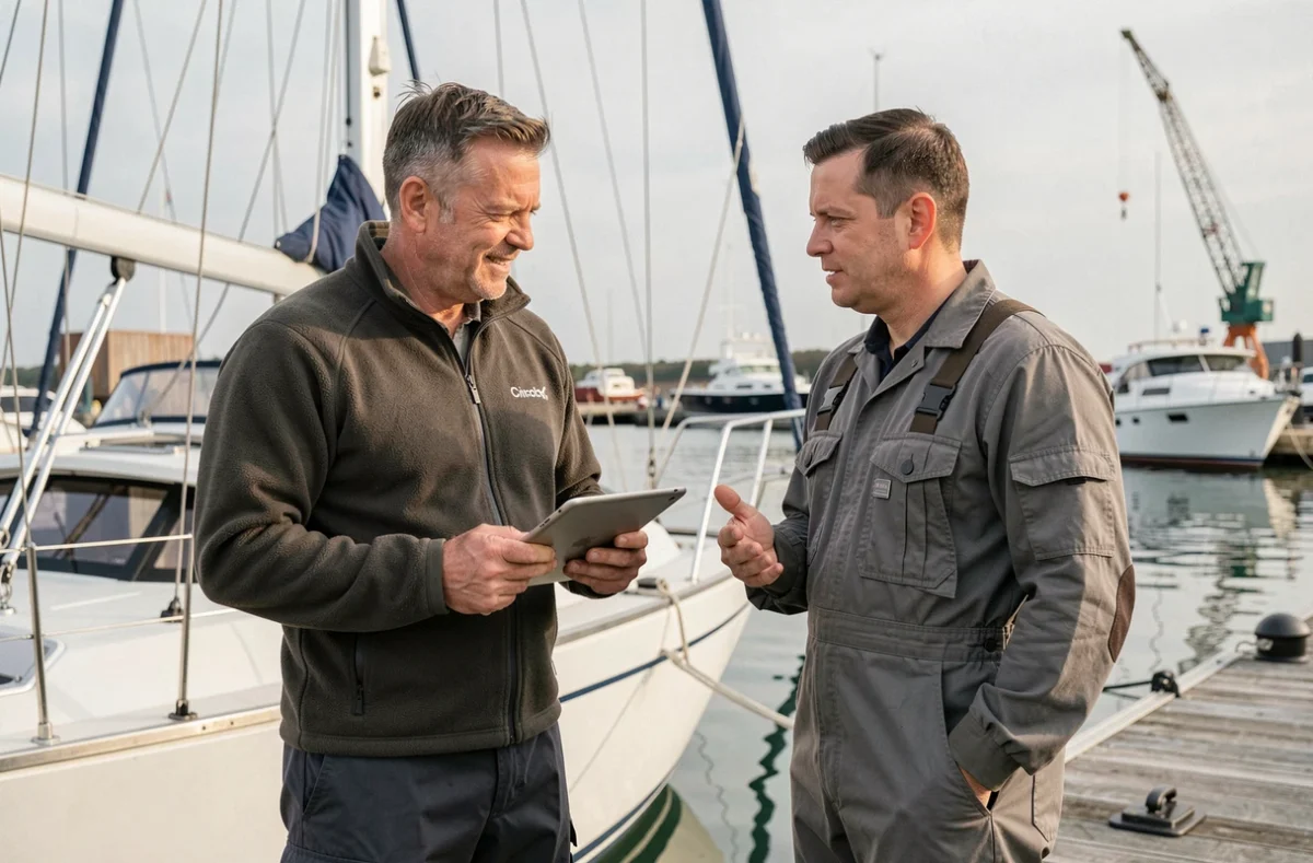 Un shipchandler et un gestionnaire de chantier nautique discutent d'approvisionnement sur un ponton de marina, avec des voiliers amarrés en arrière-plan, illustrant les relations commerciales dans l'industrie nautique