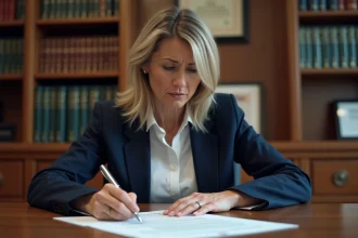 Femme cadre en blazer marine relisant attentivement un document juridique avant de le signer par ordre, dans un bureau professionnel