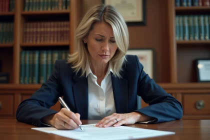 Femme cadre en blazer marine relisant attentivement un document juridique avant de le signer par ordre, dans un bureau professionnel