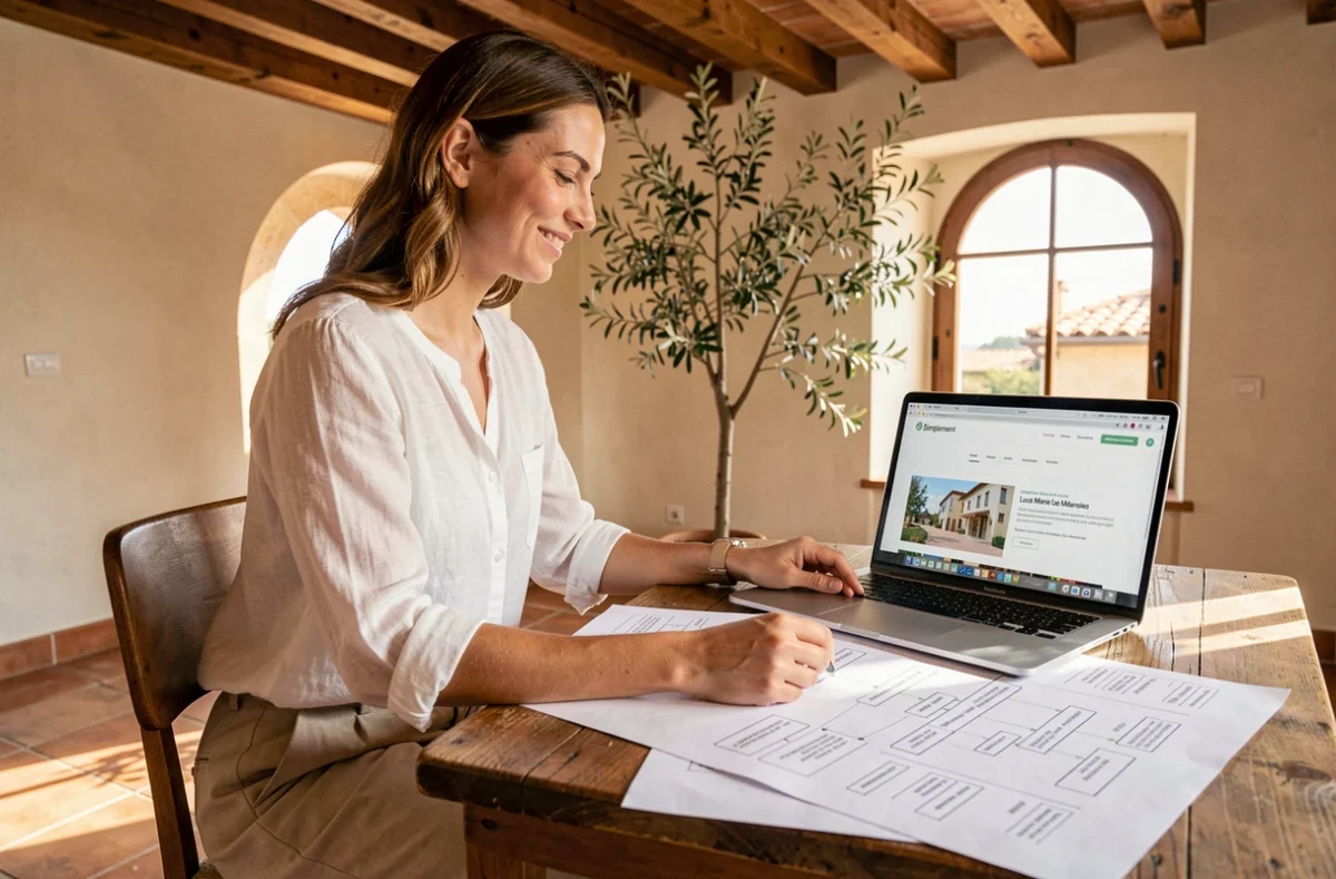 Chef de projet web de l'agence Simplement révisant une arborescence de site sur papier dans un studio au décor provençal