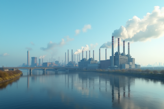 Complexe industriel en France avec fumées et pollution