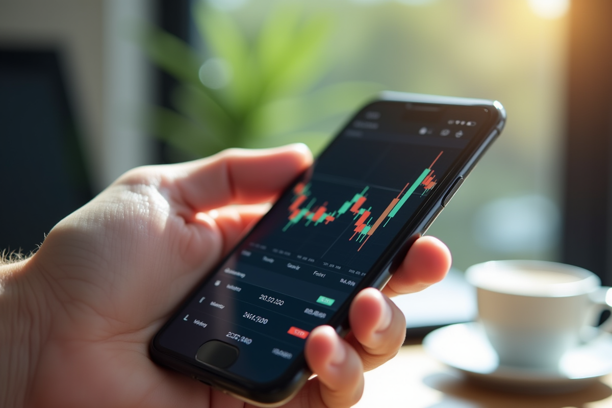 Main tenant un smartphone avec graphique boursier et chiffres