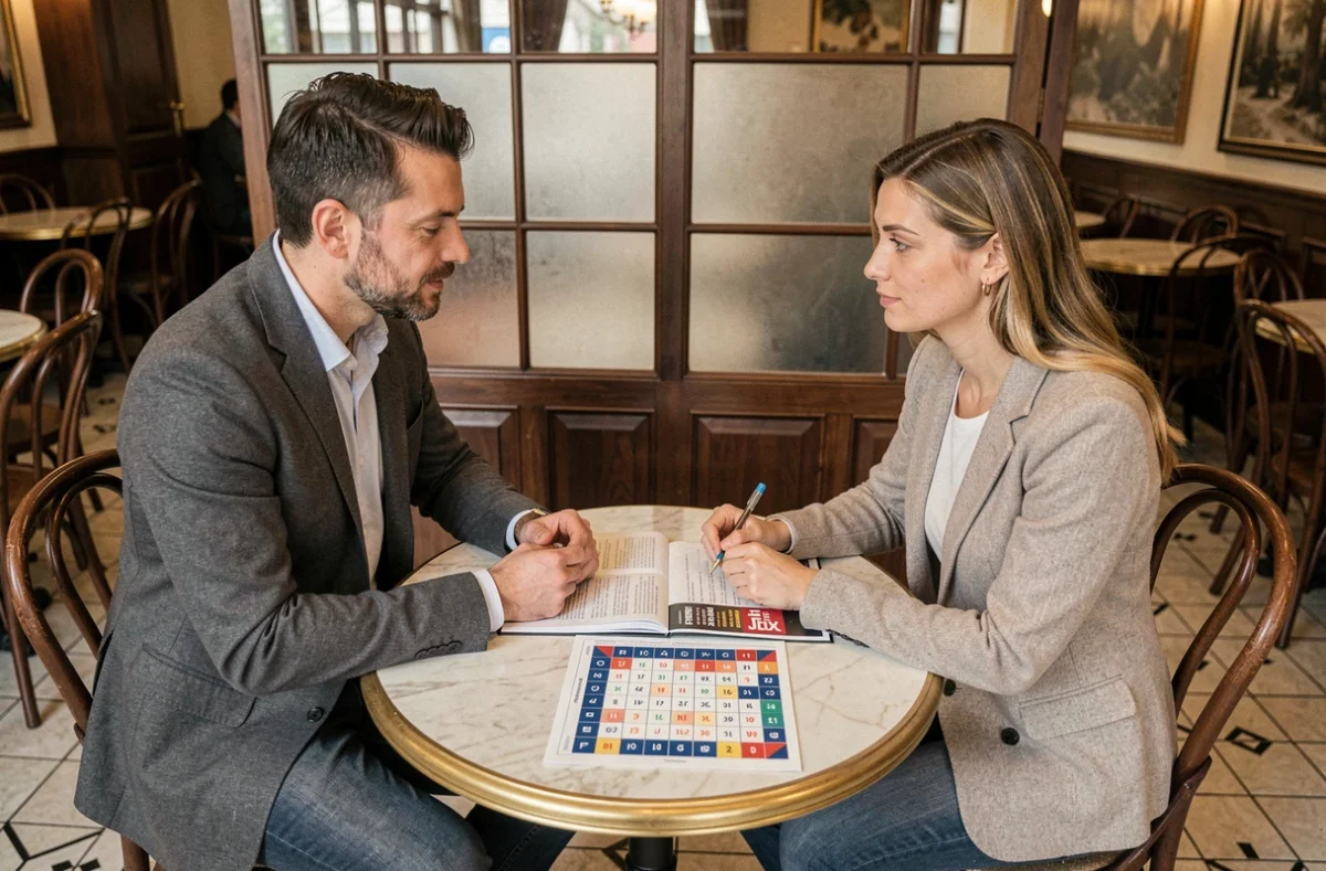 Deux personnes discutent de stratégie pour les jeux FDJ autour du magazine Profession Jeux dans un café français