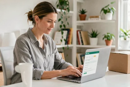 E-commerçante consultant le suivi de colis MSC sur son ordinateur portable dans un bureau à domicile moderne
