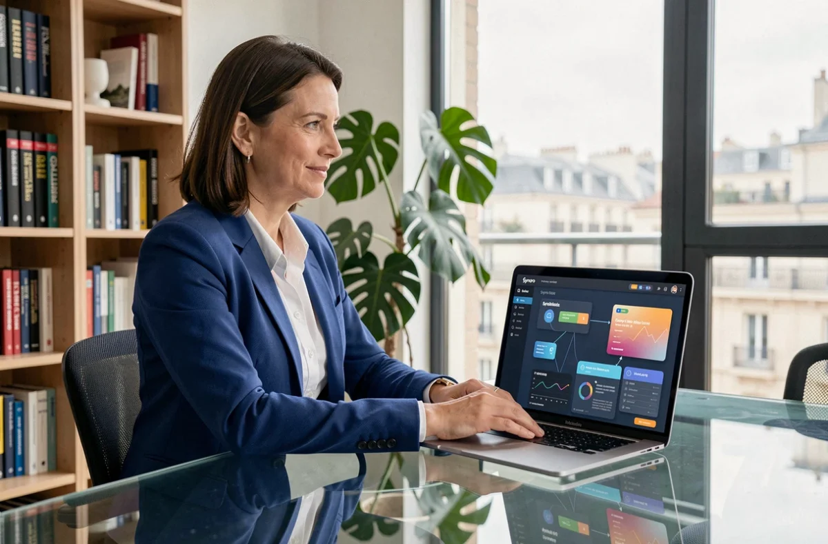 Consultante digitale de l'agence Synqro analysant un tableau de bord marketing multicanal synchronisé sur un laptop
