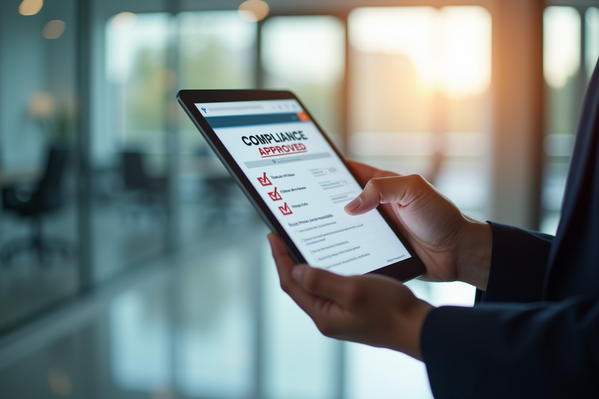 Main tenant une tablette avec une checklist de conformité approuvee