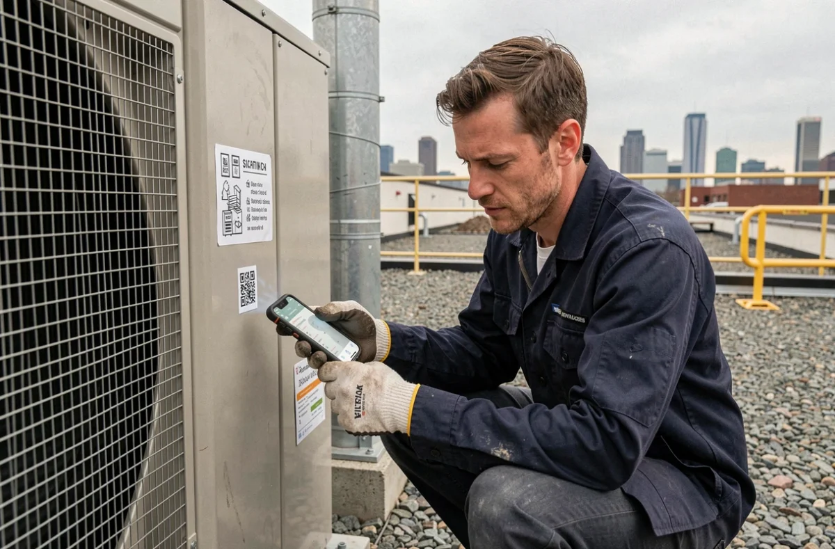 Technicien de maintenance scannant un QR code sur un équipement CVC depuis une application mobile sur le toit d'un bâtiment commercial