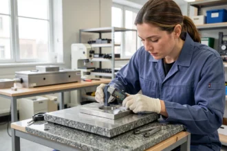 Technicien mesurant une pièce métallique avec un pied à coulisse numérique