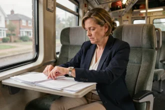 Femme cadre travaillant sur des documents dans le train pendant son trajet domicile-travail en consultant sa montre