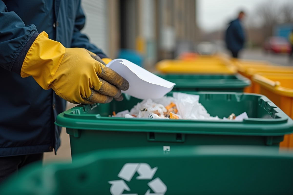Mains gantées triant des déchets dans des poubelles de recyclage en extérieur