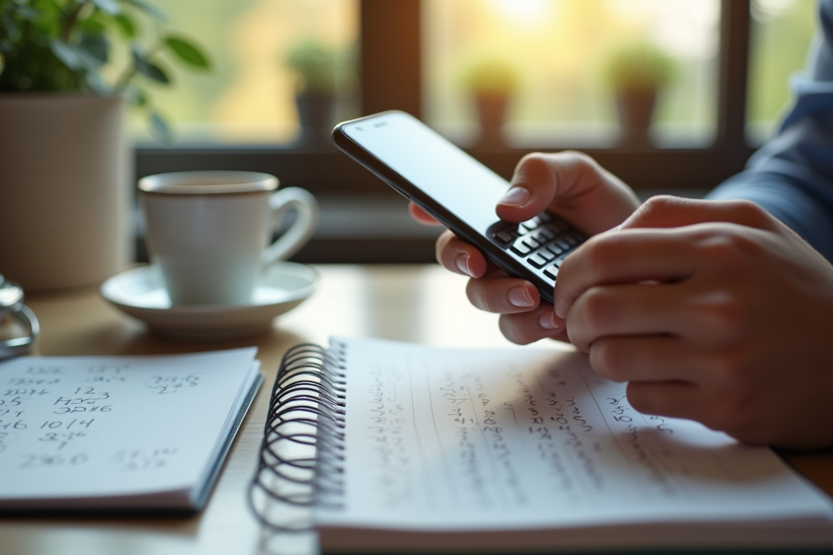 Mains utilisant une calculatrice sur smartphone dans un bureau cosy